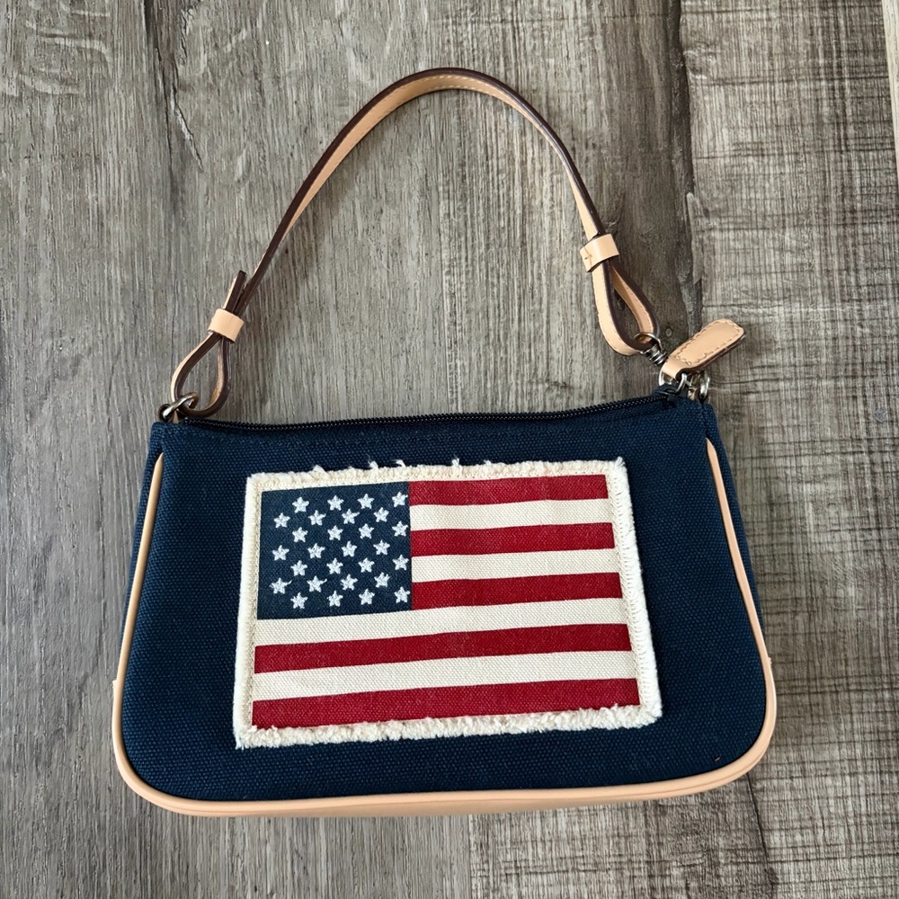 Navy Blue Canvas Denim Small Bag with American Flag Patch